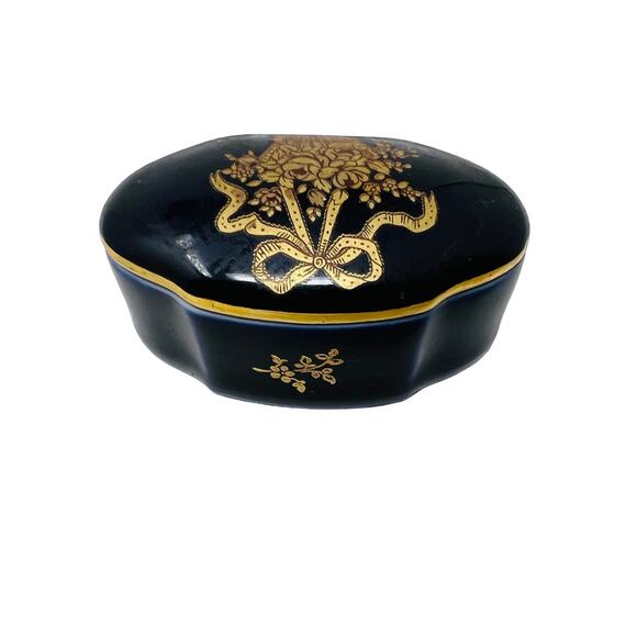 Limoges 24K Gold Castel Trinket Box Ceramic Gold Trim 24K Navy Blue - Picture 3 of 6